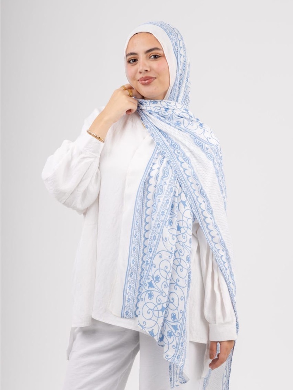 Light Blue Patterned Hijab Scarf - Women Accessories